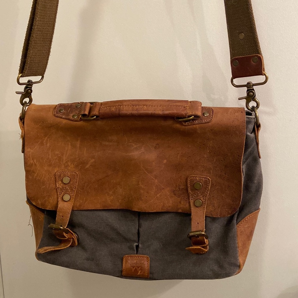 Leather & Gray Canvas Messenger Bag